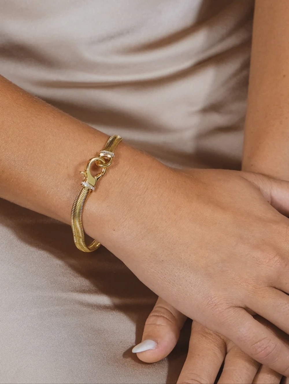 Sterling Forever 14kt GF Herringbone Bracelet with Zirconia Set Loop Clasp‎
